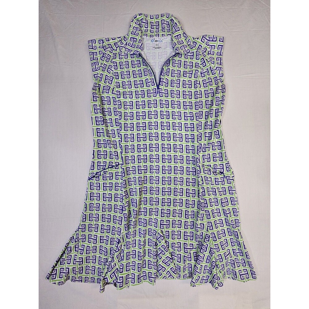 IBKUL Dress Women XL Blue Green Geo Key 1/4 Zip Flounce Sleeveless Polo Pockets